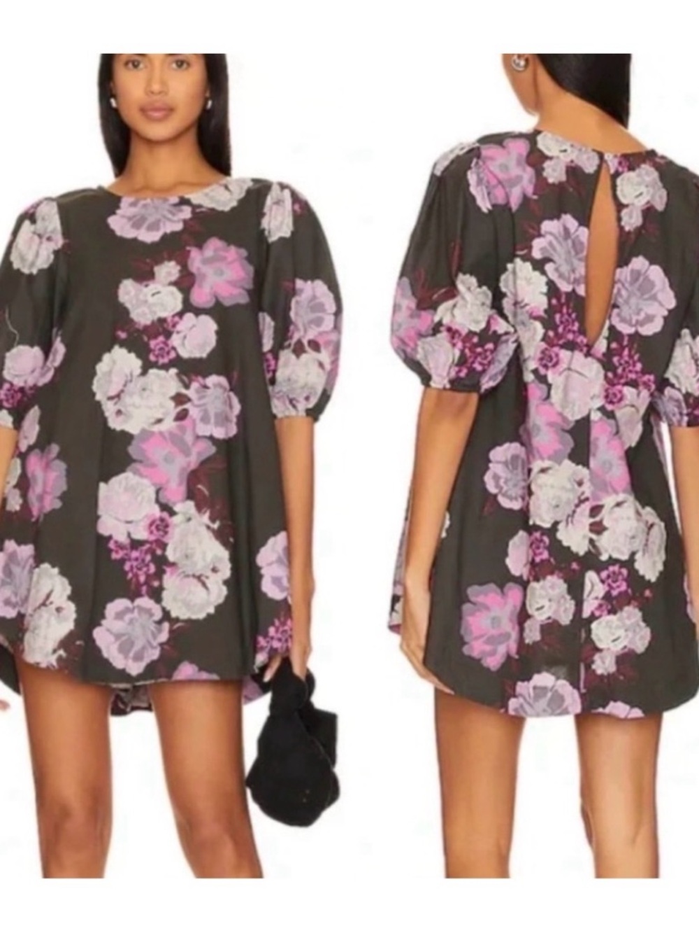 Free People Maye Poplin TunicFloral Puff-Sleeve Mini Dress in Pink on Dark Olive